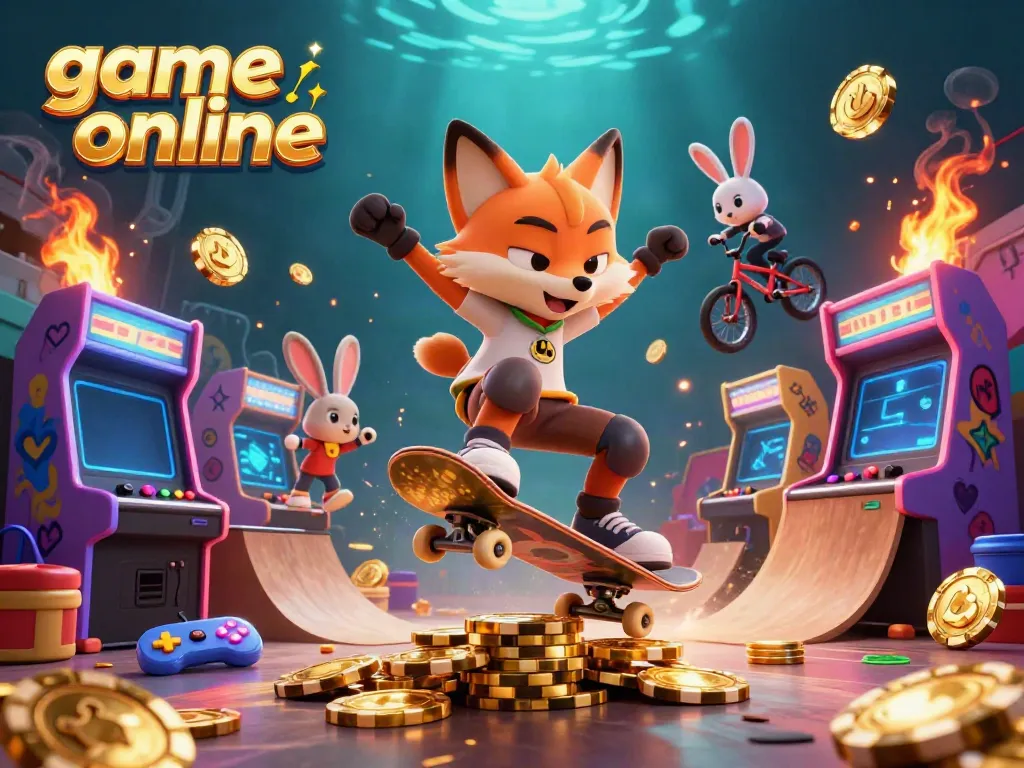 Join the excitement with a 3D illustration capturing a game online scene filled with vibrant characters and casino-themed elements.