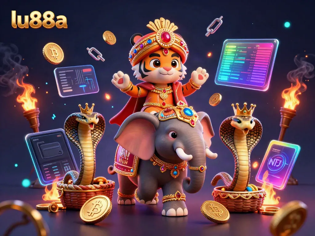 Experience thrilling gaming with lu88a as the maharaja tiger rides a jewel elephant amidst vibrant crypto elements.