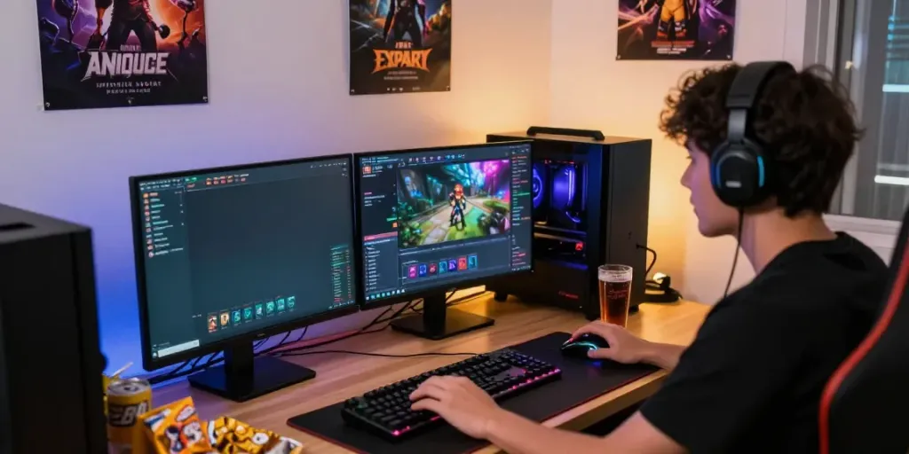 Engaged gamer at a desk with vibrant dual monitors showcasing akunjp gaming action and colorful setups.
