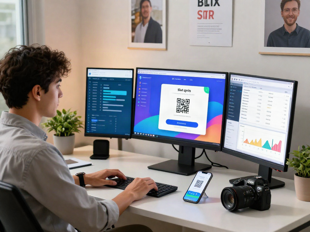 Business professional demonstrating slot qris payment options in an innovative ecommerce office setting.