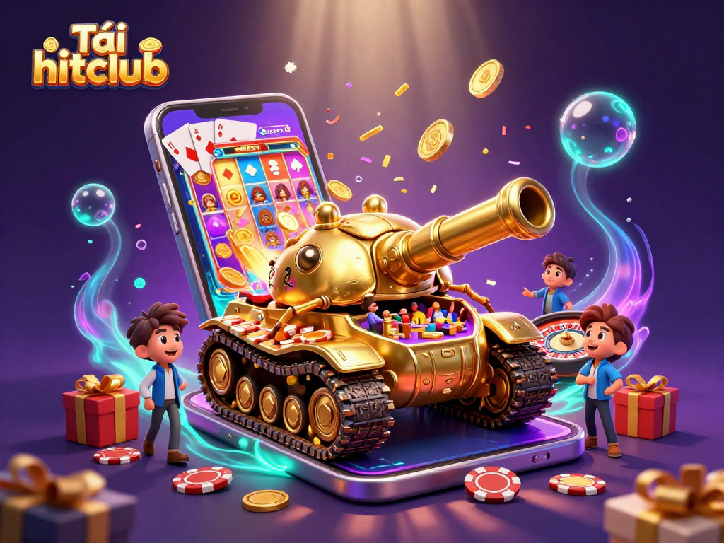 Experience the thrill of Tải hitclub with an energetic casino battle scene featuring dynamic games and golden elements.