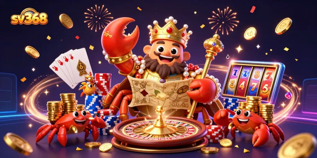 Engage in thrilling sv368 gameplay with a vibrant, dynamic 3D scene featuring a golden crab emperor and casino elements.