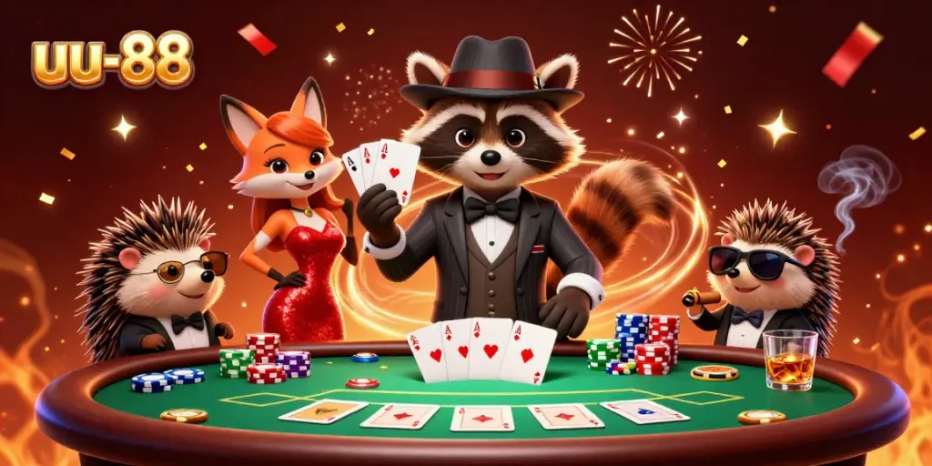 Play poker and win big with UU-88's vibrant casino scene featuring exciting characters and colorful game elements.