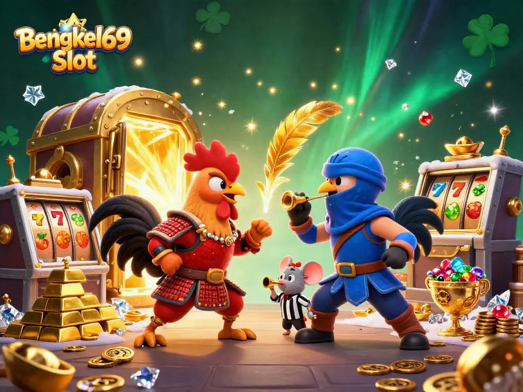 Engage in the exhilarating action of Bengkel69 Slot with powerful cartoon roosters in battle surrounded by gold and jewels.