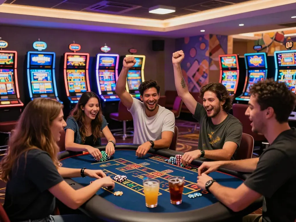 Exciting casino atmosphere at Lucky777 with friends celebrating at gaming table.