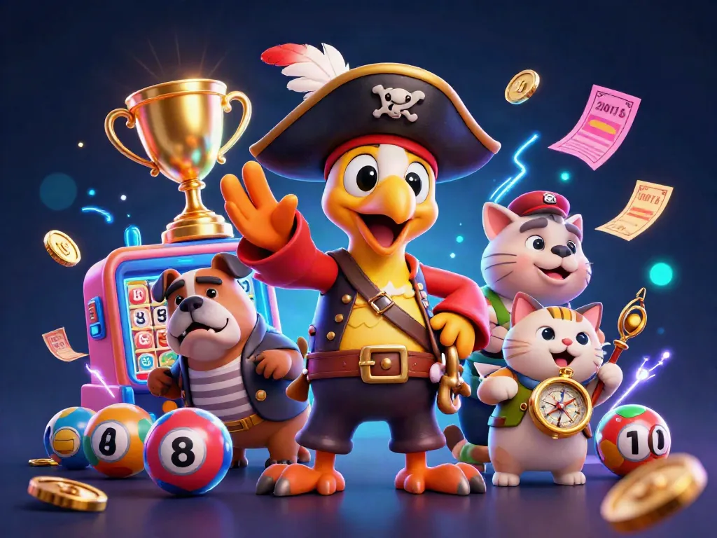 ภาพการ์ตูน 3D หวยลาว พร้อมลูกบอลหวยและลอตเตอรี่ที่กำลังหมุน