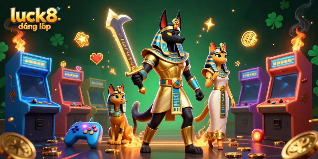 Engage in luck8 đăng nhập with Anubis and Bastet in a vibrant casino adventure.