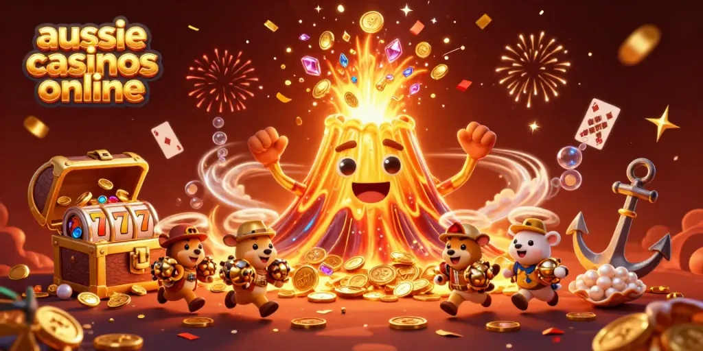 Experience the thrill of aussie casinos online with a vibrant treasure eruption scene.