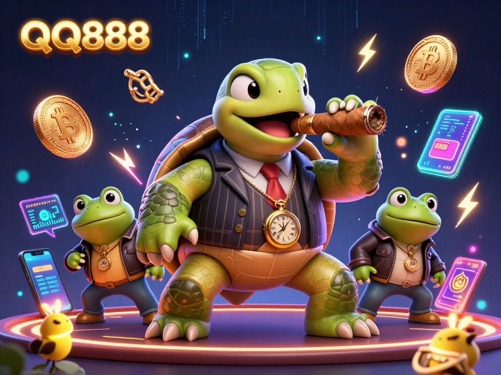 Engage in thrilling gameplay and luck at QQ888, surrounded by vibrant crypto-themed casino elements.