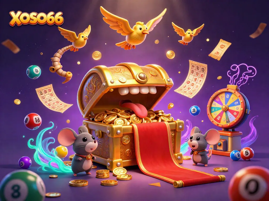 Engage with XOSO66's captivating lottery scene featuring dynamic game elements and playful treasure motifs.