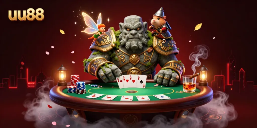 Engage with uu88's exciting casino atmosphere featuring vibrant poker elements and enchanting characters.
