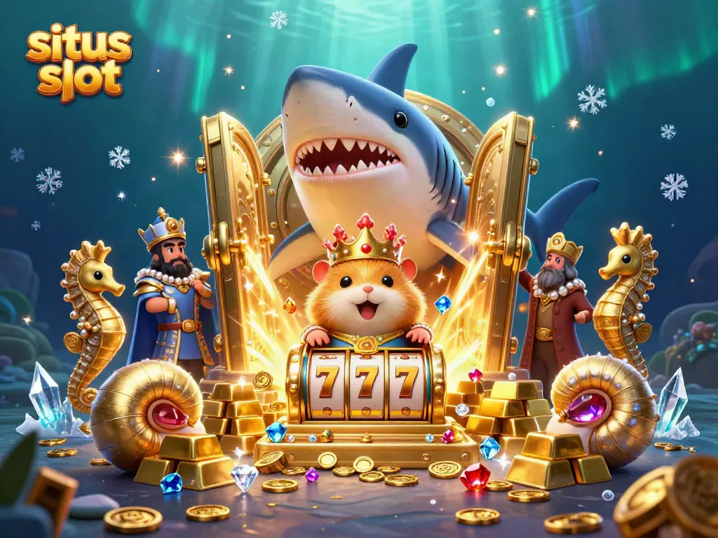 Menang di situs slot dengan Raja Hamster emas dan roda slot yang bersinar.