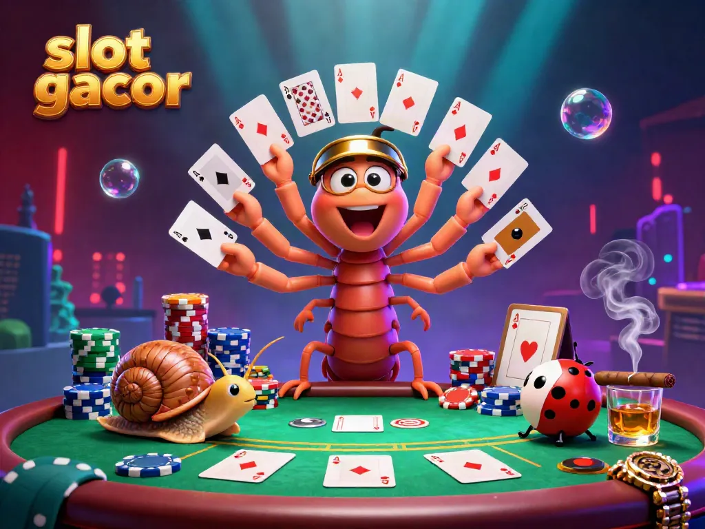 Experience slot gacor action with colorful poker elements and a lively casino atmosphere in this vibrant illustration.