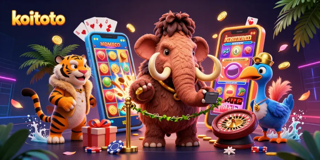 Engage with koitoto's thrilling casino scene featuring a woolly mammoth checks IDs while gold coins burst from a smartphone.