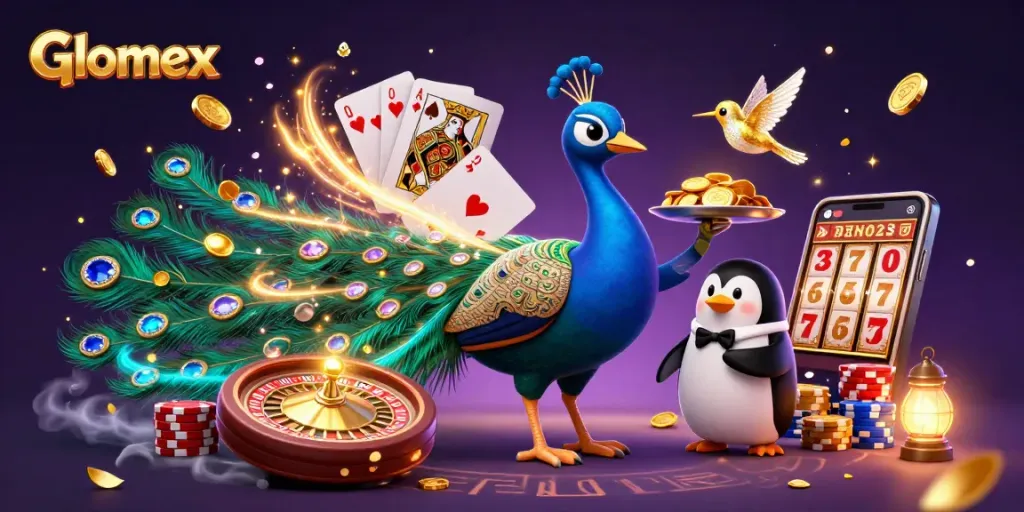 Glomex features an aristocratic peacock, butler penguin, and hummingbird winning big in style.