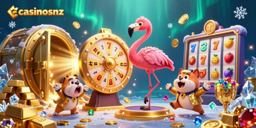 Play exciting games at casinosnz with our vibrant scene featuring thrilled characters and dazzling prizes.