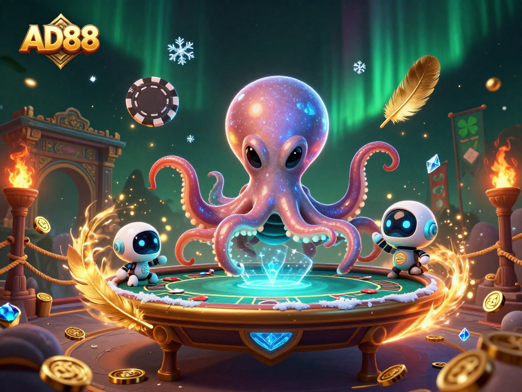 AD88 showcases an exciting 3D casino scene with an alien octopus and poker action.