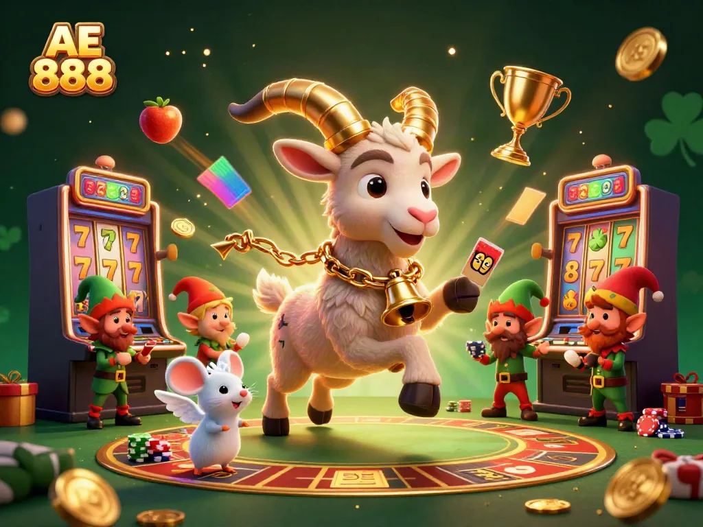 Experience the festive chaos of AE 888 with a Krampus-themed casino illustration full of excitement.