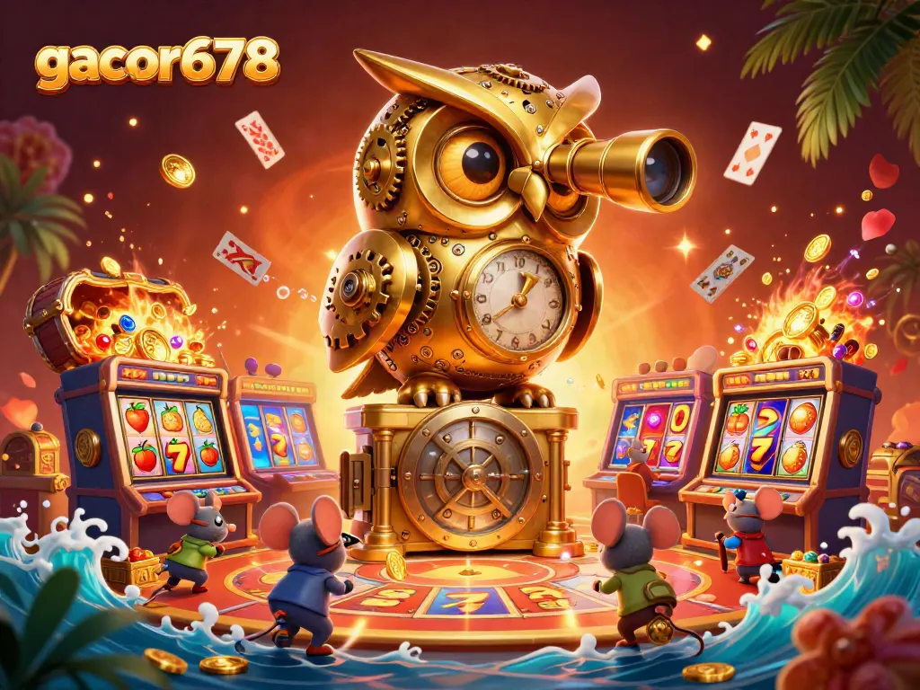 Spin the reels at gacor678 with a vibrant casino-themed illustration featuring a golden owl and underwater treasures.