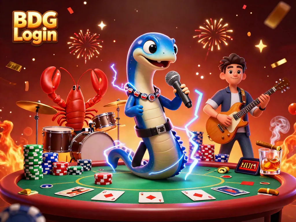Engage with the electrifying BDG Login scene featuring an electric eel DJ, poker elements, and vibrant underwater casino.