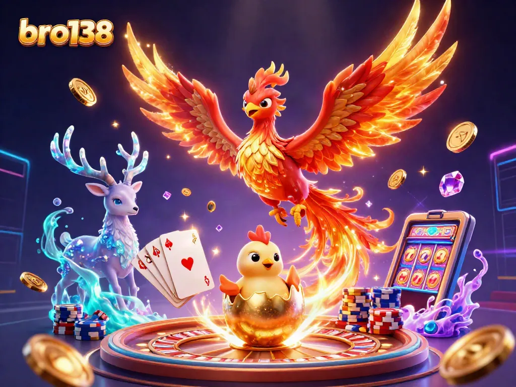 Win big at bro138 with exciting games, featuring captivating phoenix and mystical stag elements.