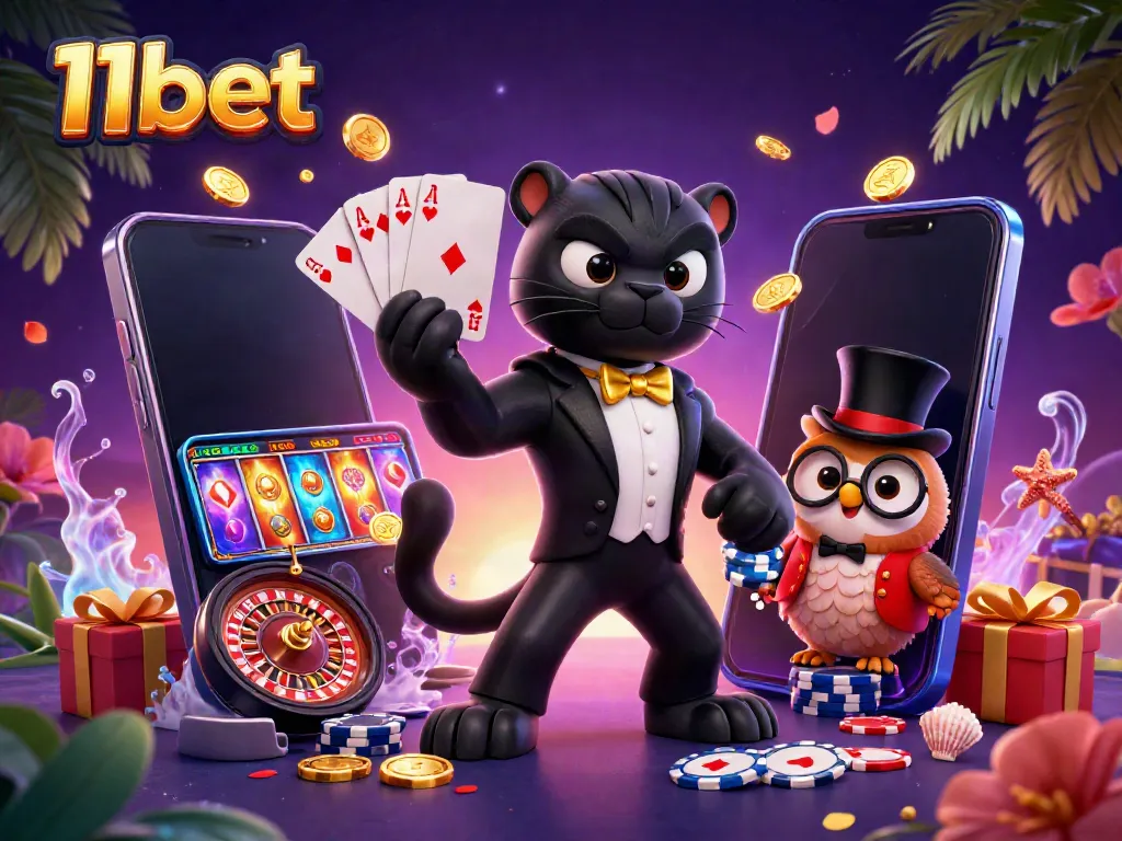 Play at 11bet with a vibrant casino scene featuring stylish characters and exciting gaming elements.