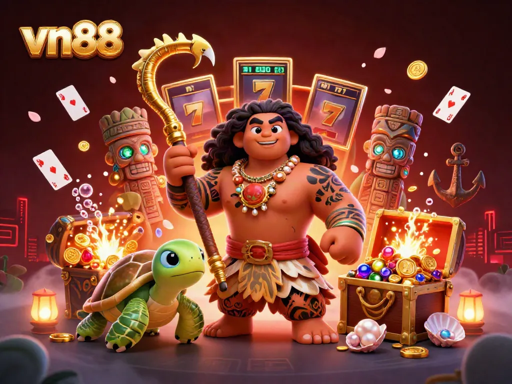 Play exciting slots at vn88 with a vibrant 3D illustration of mystical characters and casino elements.
