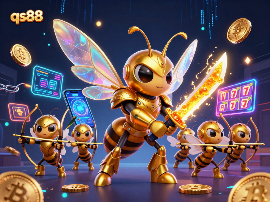 Experience excitement with qs88 gaming scene featuring a hornet samurai, crypto coins, and vibrant casino elements