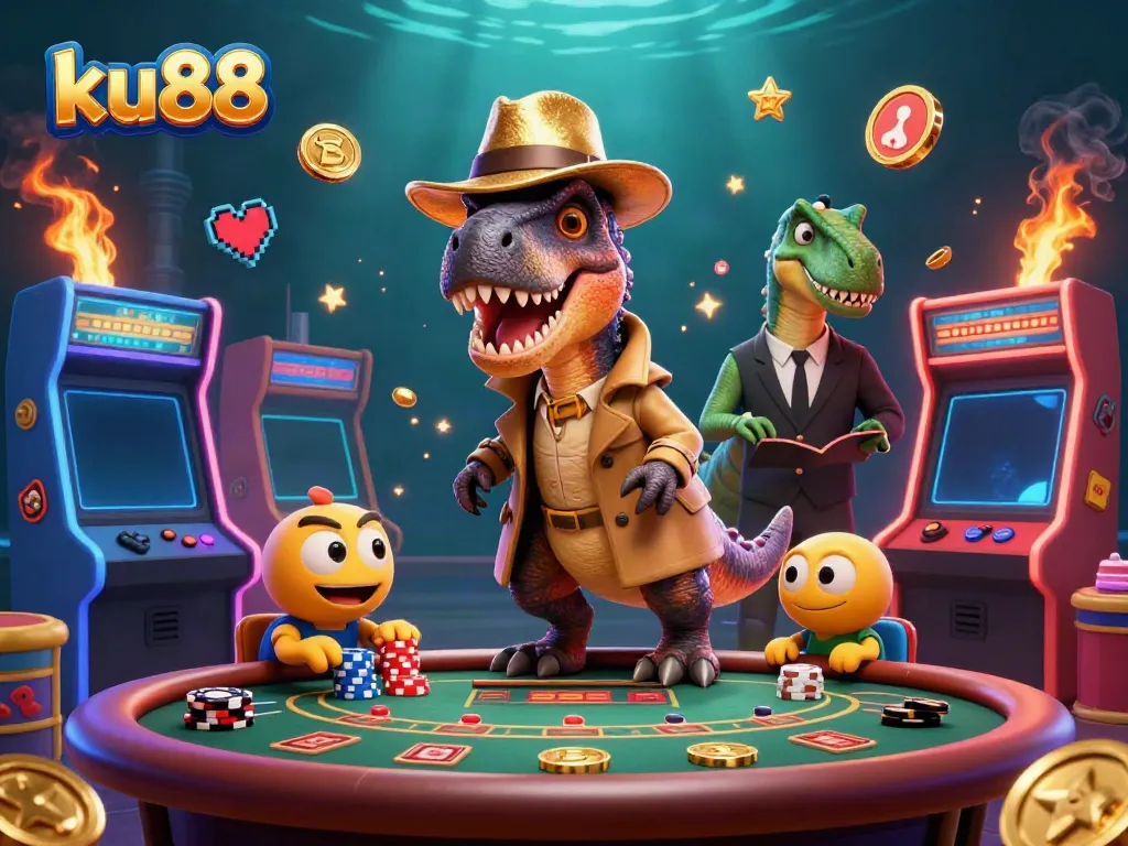 Experience gaming excitement with ku88 as a velociraptor card counter blends into a vibrant casino scene.