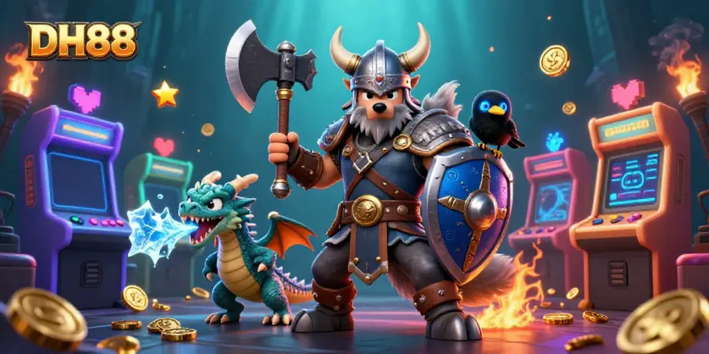 Engage with exciting DH88 casino games in a vivid 3D adventure featuring a Viking wolf, a fierce dragon, and vibrant arcade elements.