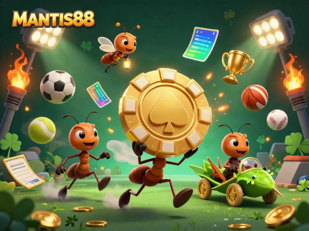 MANTIS88 showcases a team of ants in a heist with golden poker chips, embodying the thrilling casino experience.