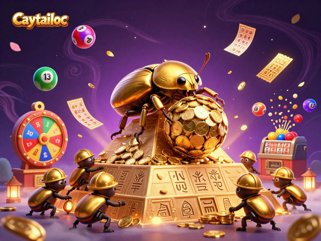 Caytailoc showcases a golden dung beetle rolling coins in a vibrant casino scene filled with lively gaming elements.