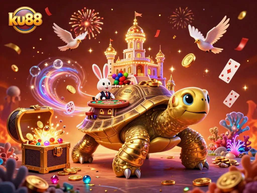 Experience the vibrant excitement of ku88 with a thrilling 3D casino illustration showcasing a golden tortoise and dealer.
