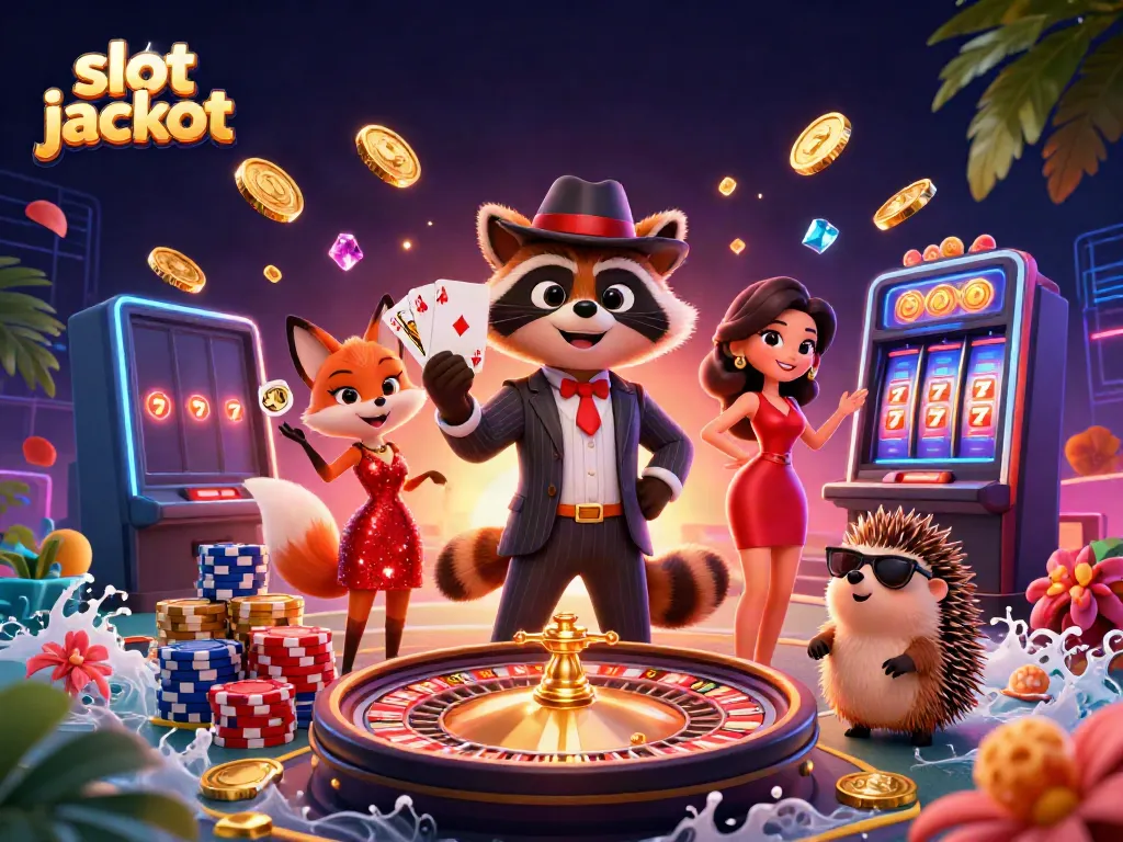 Experience the thrill of slot jackpot with a suave raccoon character and vibrant casino elements.