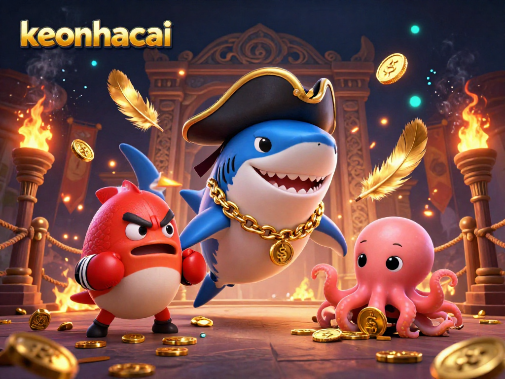 Win big with keonhacai as a cartoon pirate shark and friends celebrate in a vibrant 3D casino scene.