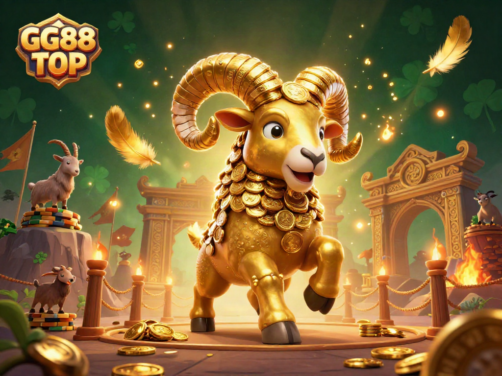 GG88 TOP offers a thrilling casino atmosphere with a golden ram charging through a dynamic betting scene.