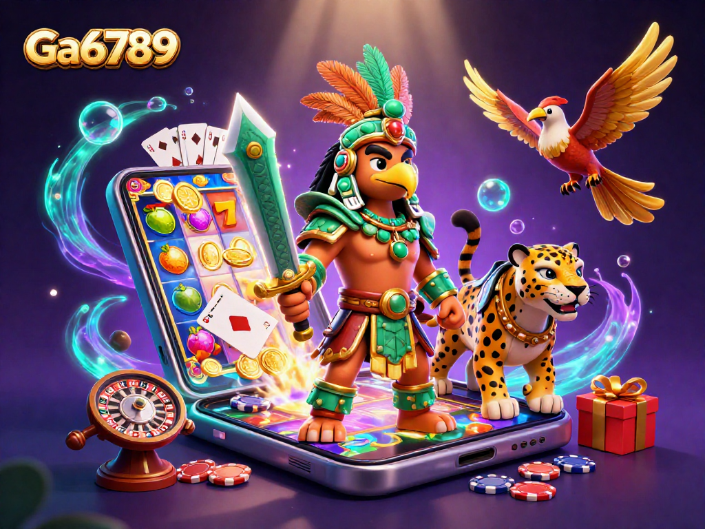 Experience thrilling slot action with Ga6789's 3D Aztec warriors amidst vibrant game elements.