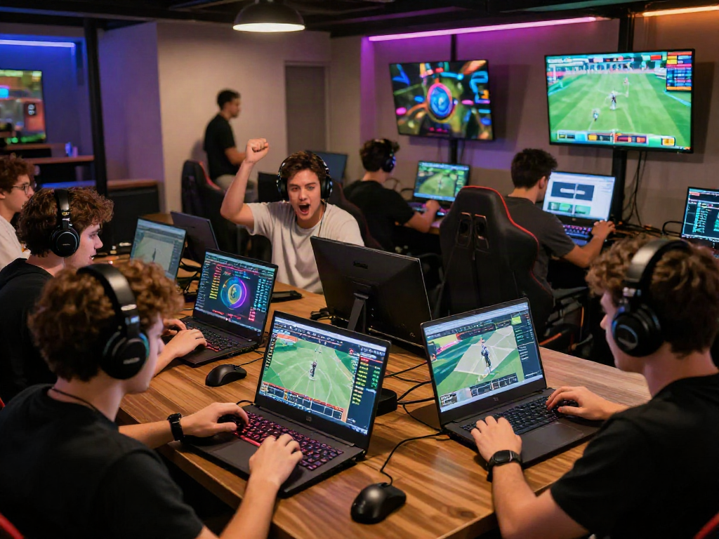 Situs togel players engaged in dynamic online betting in a vibrant gaming lounge.