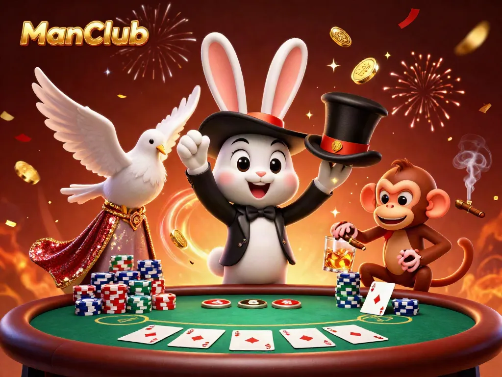 Experience the thrilling excitement of ManClub with a magician rabbit, glamorous dove, and cheeky monkey in this vibrant casino scene.