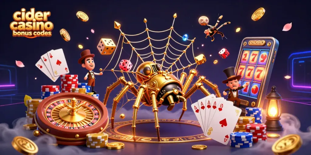 Cider casino bonus codes illustrated with a steampunk spider and coins cascading in an exciting casino scene.