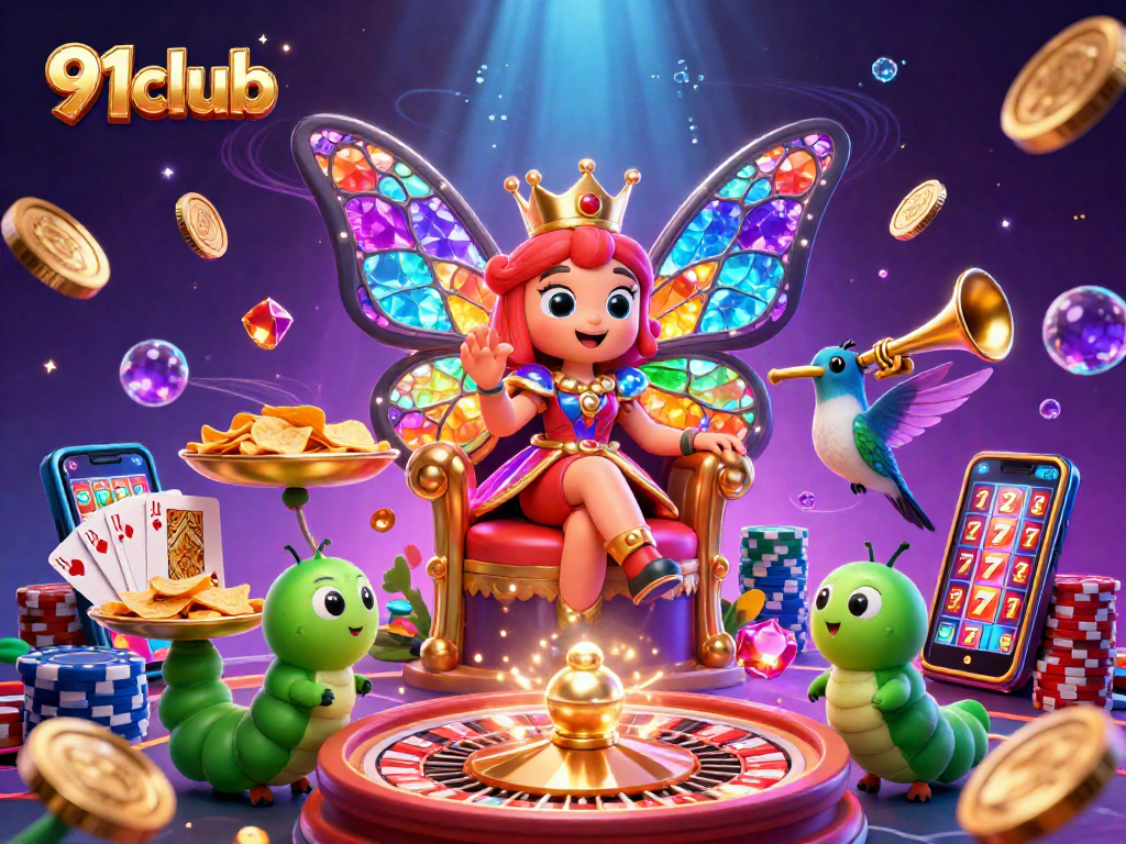Engage with 91club's vibrant casino scene showcasing a butterfly queen among dazzling game elements and winnings.