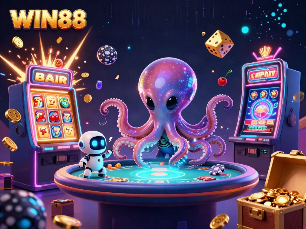 Experience WIN88 with a vibrant 3D casino scene featuring an alien octopus and dynamic gaming elements.