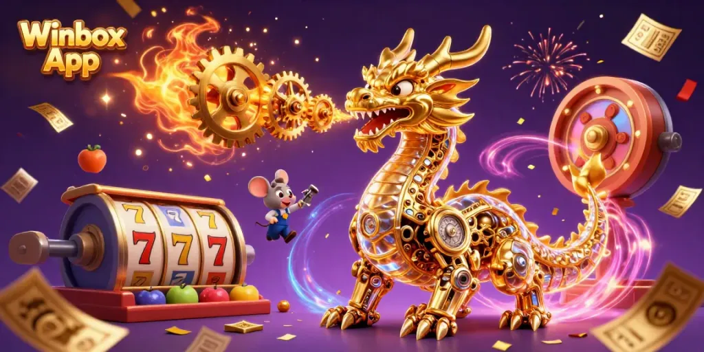 Engage with the Winbox App through vibrant casino elements like slot reels and golden tickets in a dynamic illustration.
