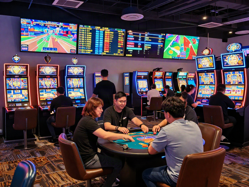 Excited players enjoying bandar slot games in a vibrant casino atmosphere with dynamic lighting and engaging graphics.