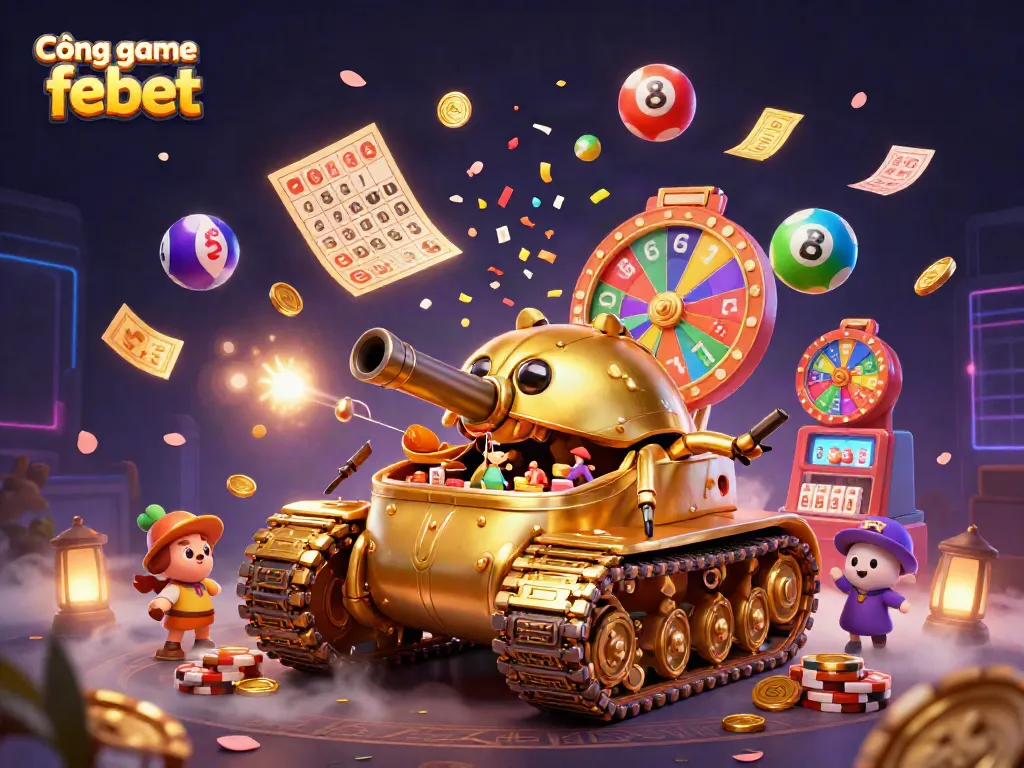 Experience the thrills of Cổng game febet with a vibrant casino scene featuring a golden beetle tank bursting with excitement.