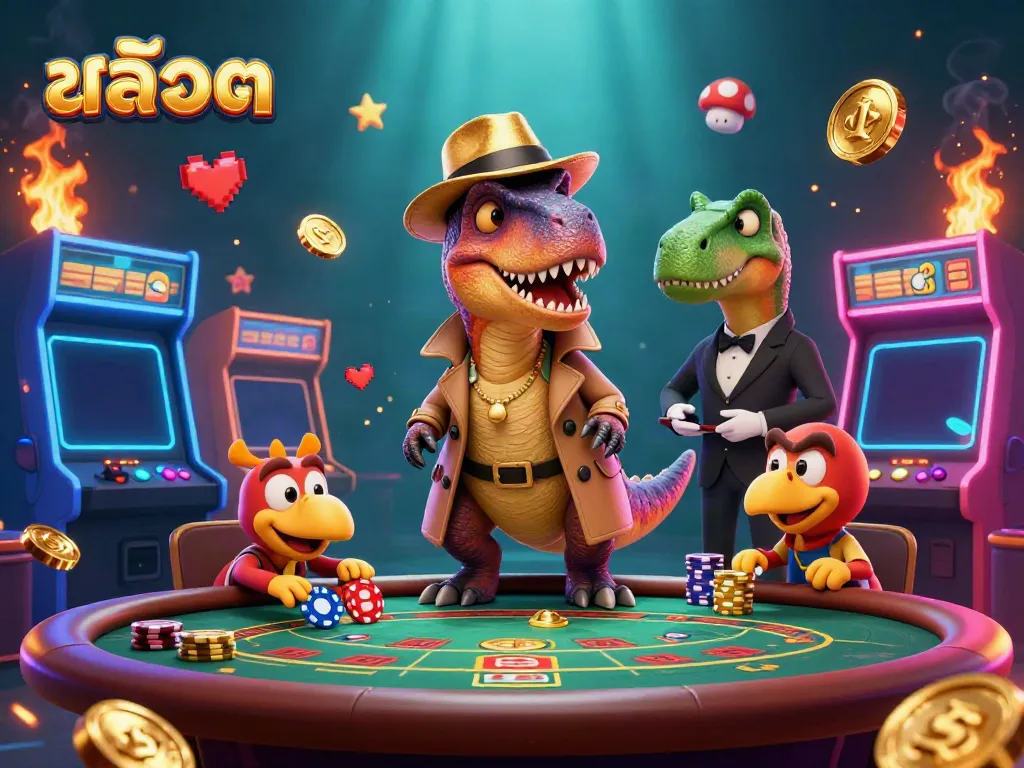 Experience thrilling สล็อต gameplay with vibrant characters and arcade machines in an exciting casino scene.