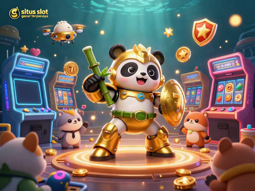 Engage with situs slot gacor terpercaya in an arena featuring a mech-suit golden panda battling with casino elements.