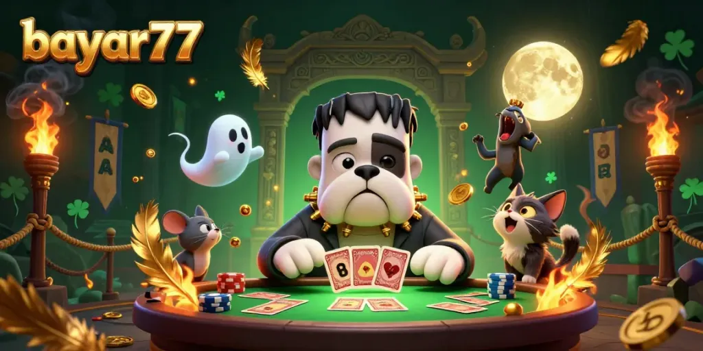 Experience thrilling gameplay with bayar77 at a spooky casino table, featuring unique characters and golden effects.