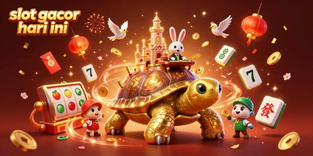 Experience excitement with slot gacor hari ini featuring a golden tortoise casino, a rabbit dealer, and floating fortune symbols.