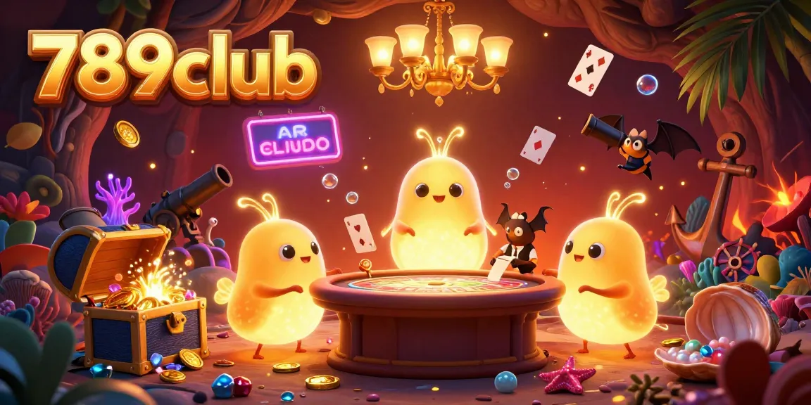 Engage in lively casino fun at 789club with vibrant glowworm characters illuminating a treasure-filled cave.